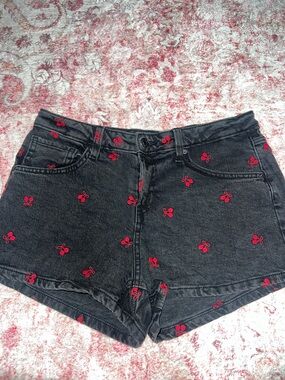 wild fable Black Denim Shorts with Red Cherry Embroidery